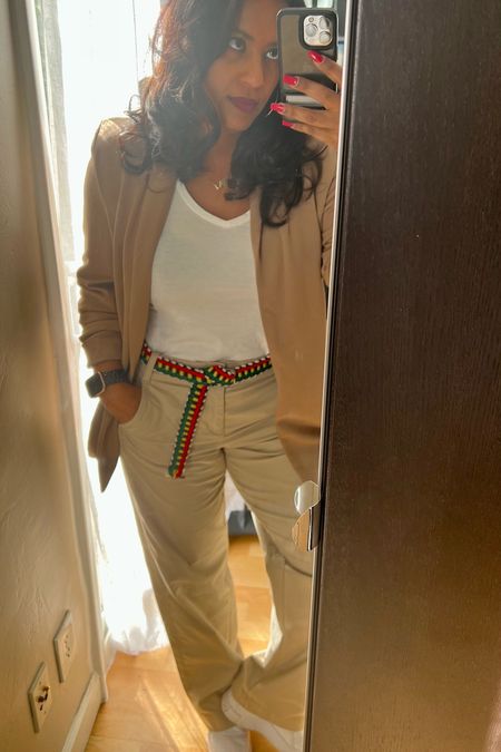 It’s a Spring type of day in sunny Miami - wide leg khakis, v-neck tee, camel blazer, wedge white leather sneakers and pulled out my vintage Jamaican Rasta belt 😉
#OOTD

#LTKstyletip #LTKsalealert #LTKunder100
