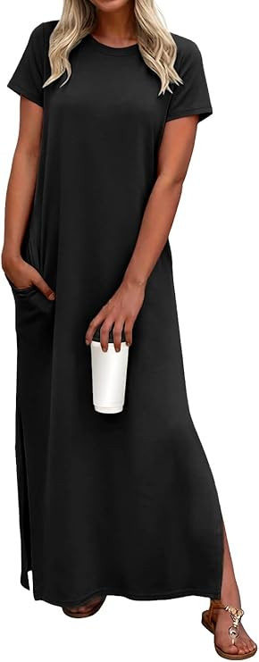 Lepunuo Casual Dresses for Women Crew Neck Short Sleeve Wrinkle-Free Split Maxi Dress Vacation Ou... | Amazon (US)