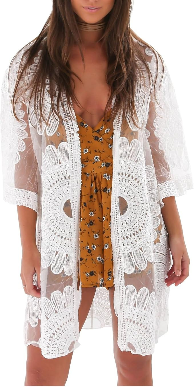 Jeasona Women’s Bathing Suit Kimono Beach Cover Up Lace Crochet Pool Swimwear | Amazon (US)