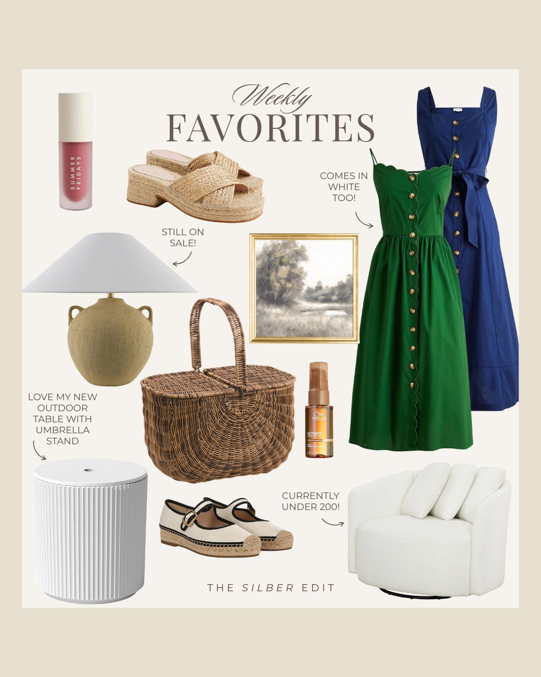 Our favorites from this week! The outdoor table is such a good find and lots of things are still on sale.

J.Crew Factory dresses, TJ Maxx home decor, Wayfair lamp, Amazon outdoor table, Summer Fridays lip oil,  Wella hair serum, Walmart swivel chair, summer sandals 

 

 #LTKSummerEdit #LTKSaleAlert #LTKFindsUnder50