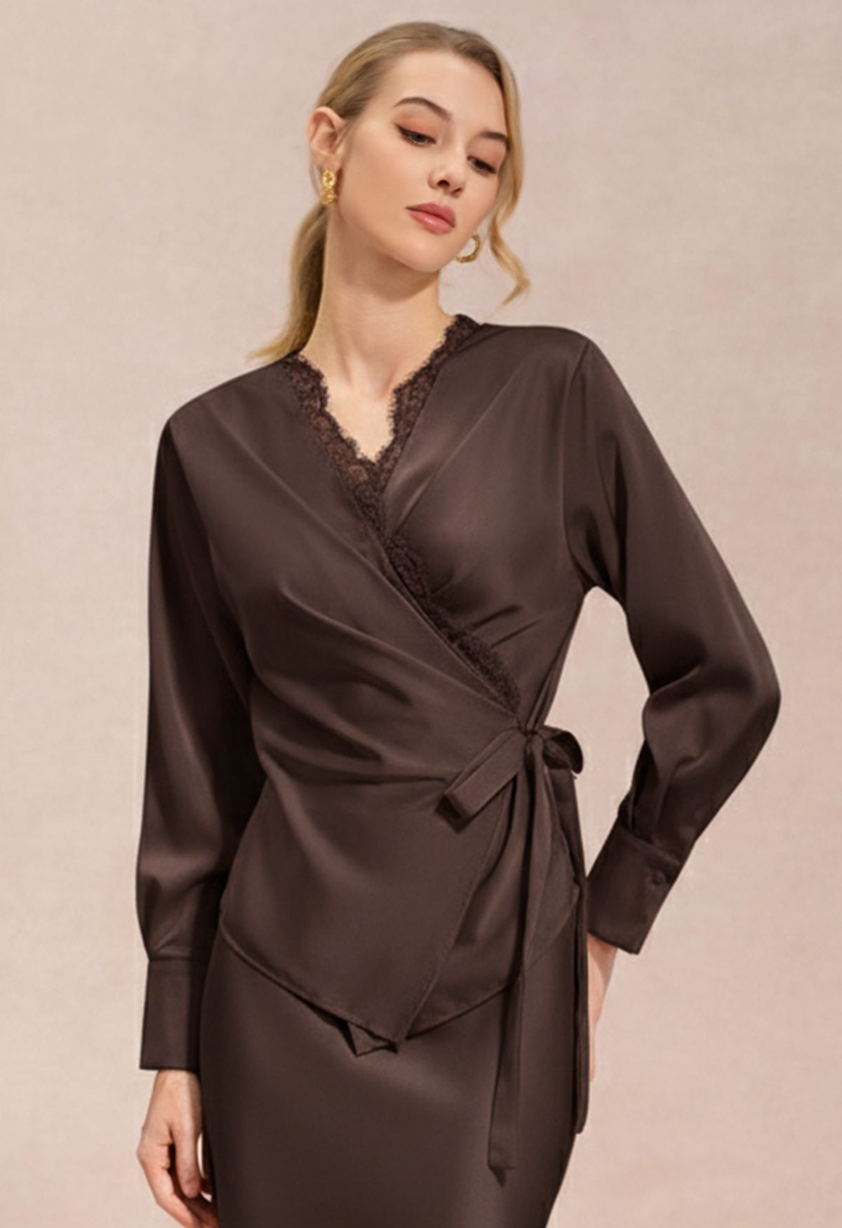 Scalloped Lace-Trim Tie-Waist Wrap Satin Top in Chocolate Brown for Wedding Guests & Formal Gathe... | Chicwish