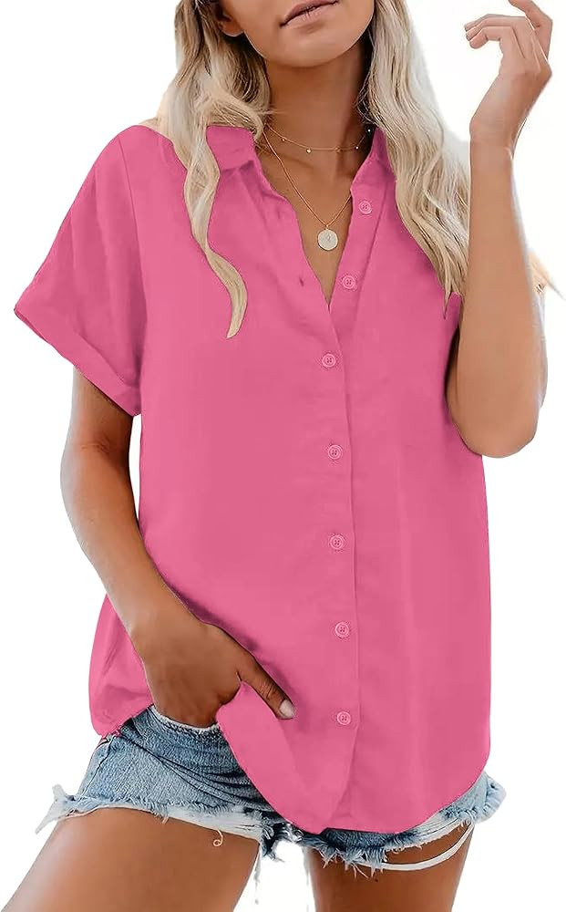 Zeagoo Womens Button Down Blouse Rolled Cuffed Short Sleeve Shirts Casual Work Blouse Summer Hawa... | Amazon (US)