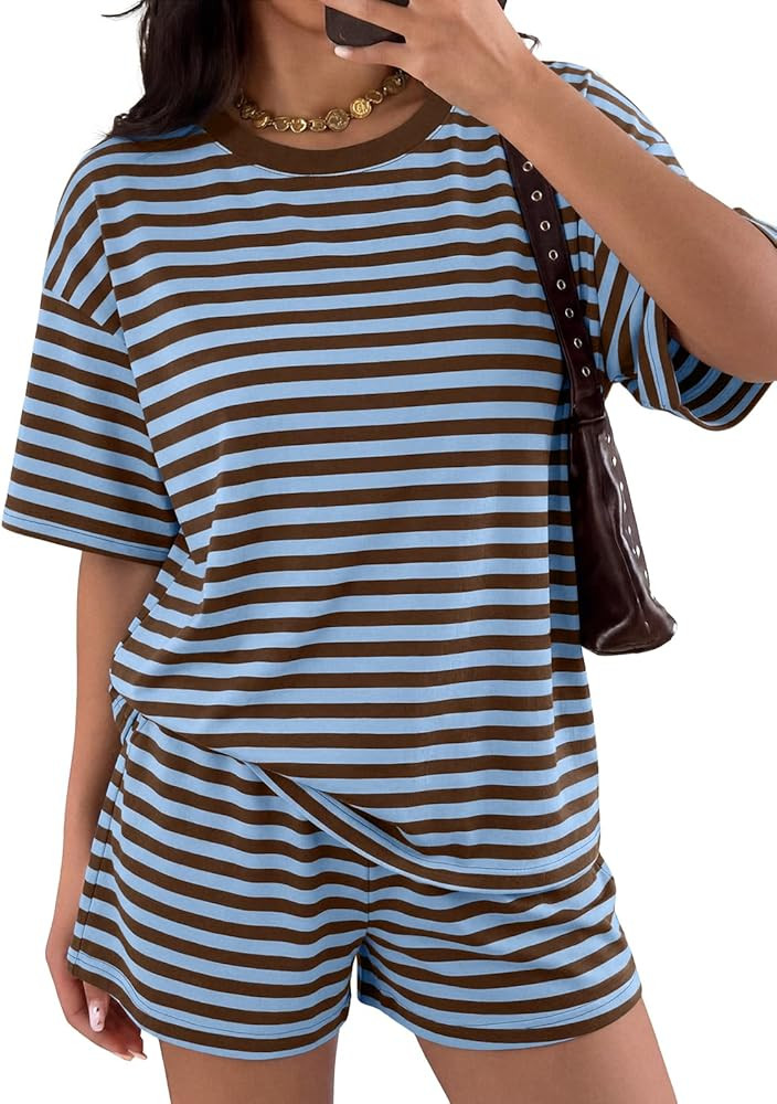 LILLUSORY 2 Piece Striped Set for Women Two Piece Lounge Sets Summer Outfits 2026 Oversized tshir... | Amazon (US)
