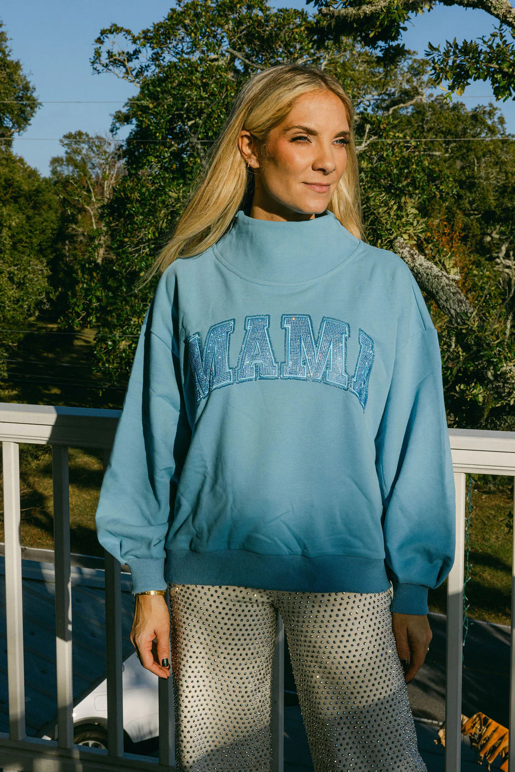 Light Blue 'Mama' Mock Neck Sweatshirt | Queen of Sparkles