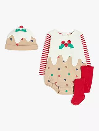 John Lewis & Partners Baby Organic Cotton Christmas Pudding Bodysuit, Tights and Hat, Multi | John Lewis (UK)