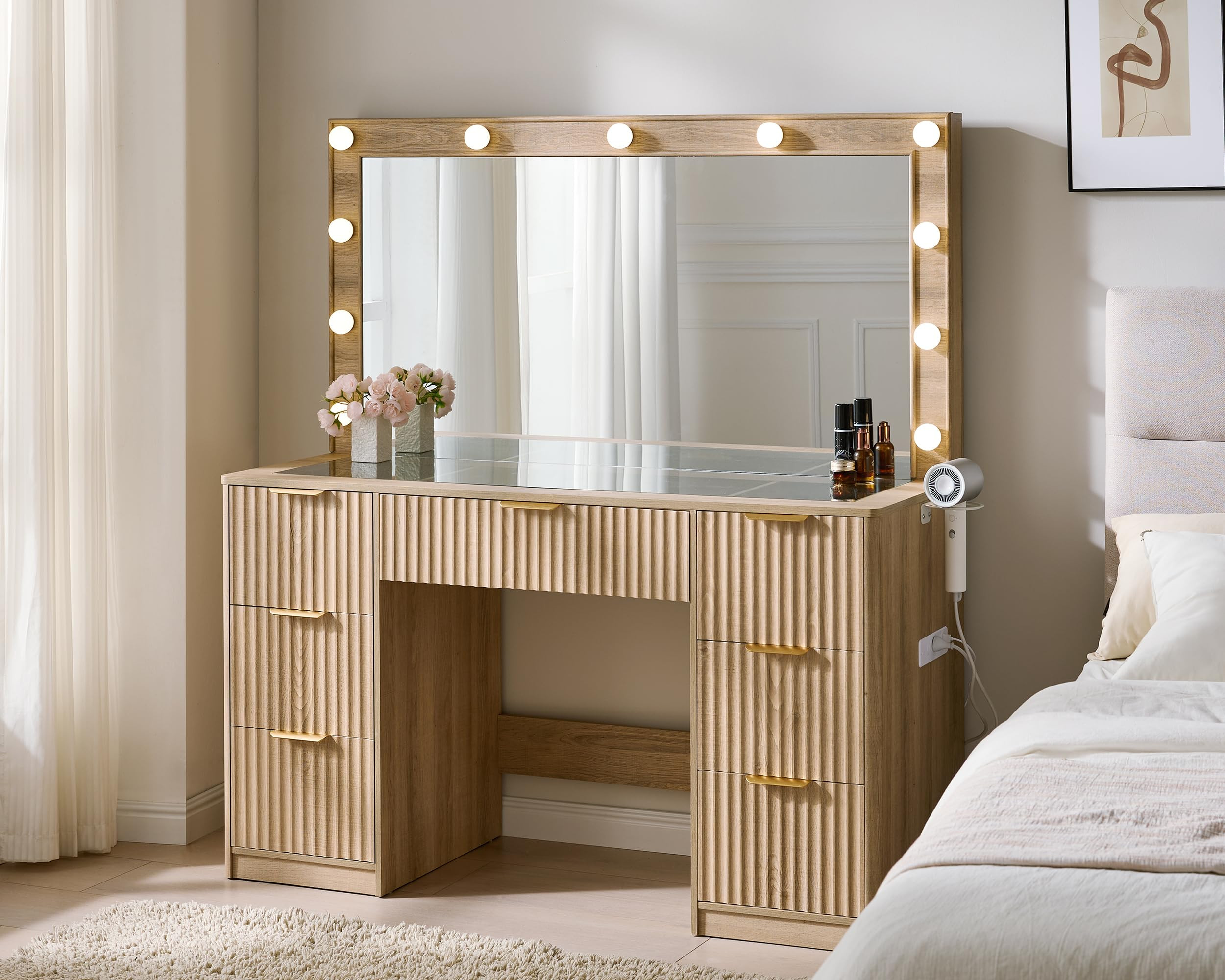 AMERLIFE 47.2" Fluted Vanity Desk with Large Mirror and Adjustable LED Lights, 7 Drawers Makeup T... | Amazon (US)