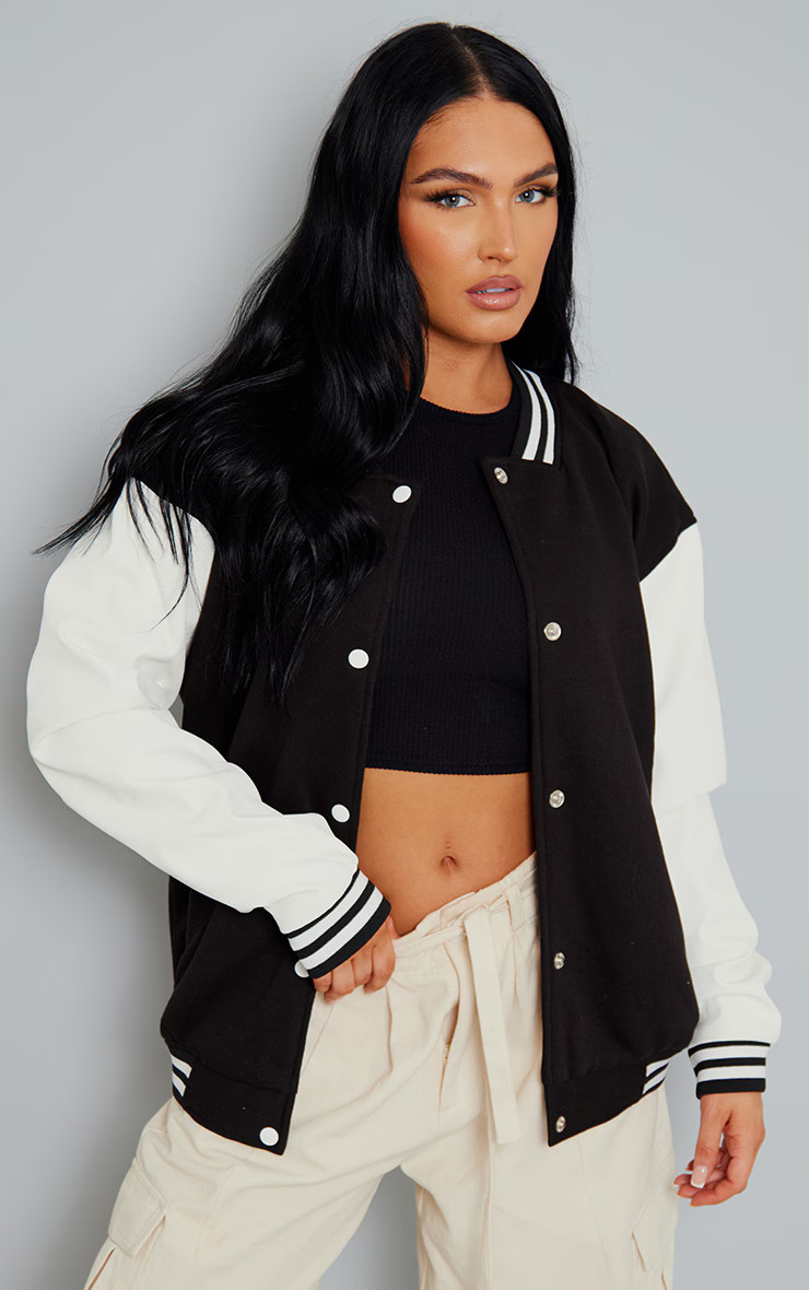 Black Faux Leather Contrast Sleeve Varsity Bomber Jacket | PrettyLittleThing US