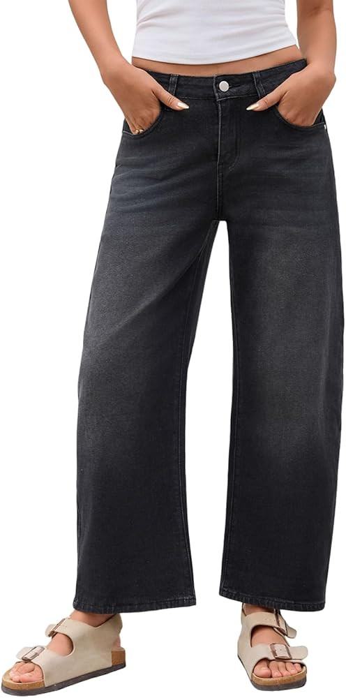 Barrel Jeans for Women Trendy Stretchy Mid Waist Wide Leg Cropped Denim Pants Boyfriend Baggy Jea... | Amazon (US)