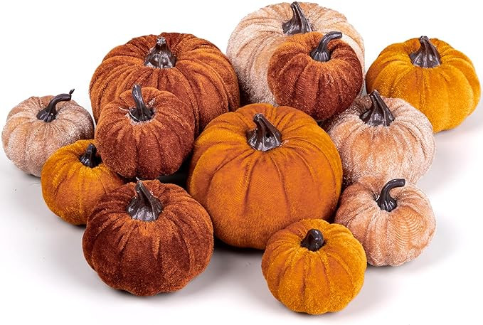 Whaline 12Pcs Fall Artificial Pumpkins 3 Sizes Fake Velvet Pumpkin Orange Brown Khaki Small Foam ... | Amazon (US)