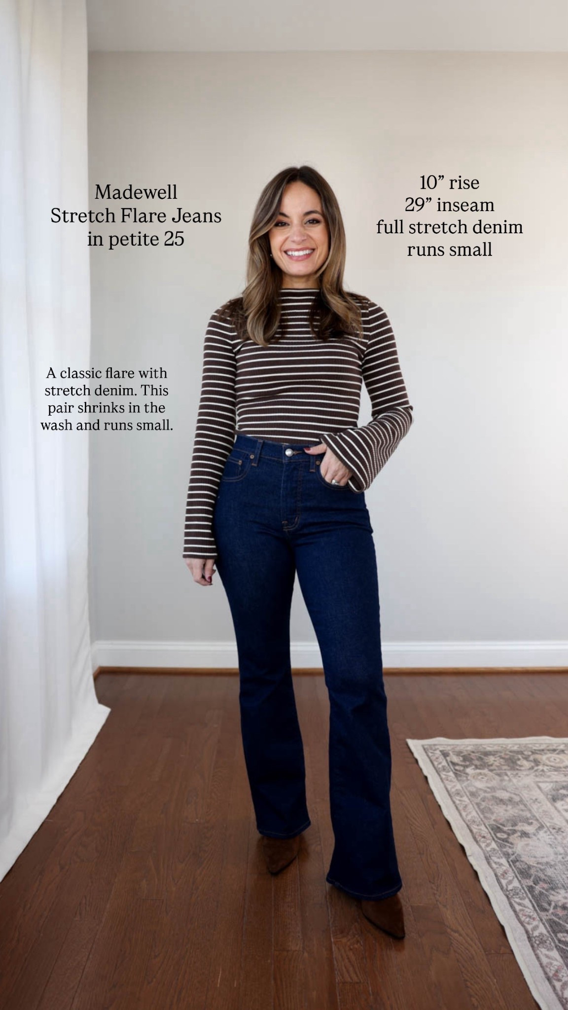 Three styles of Madewell jeans I love! 


Stretch Flare Jean: petite 25 | 10” rise, 29” inseam - run small, size up, stretch denim 
Top (LOFT): petite xxs 
Boots (J.Crew): tts 

My measurements for reference: I’m 4’10” and 105lbs. My bust, waist, and hip measurement is 32”, 24”, and 36”.

#LTKPetite