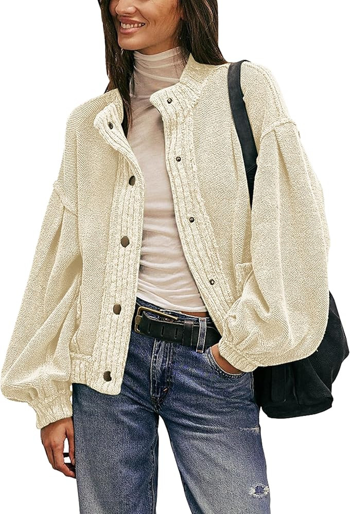 Cardigan Jacket for Women Loose Fit Ribbed Knit Trim Casual Jacket Shacket with Pockets | Amazon (US)