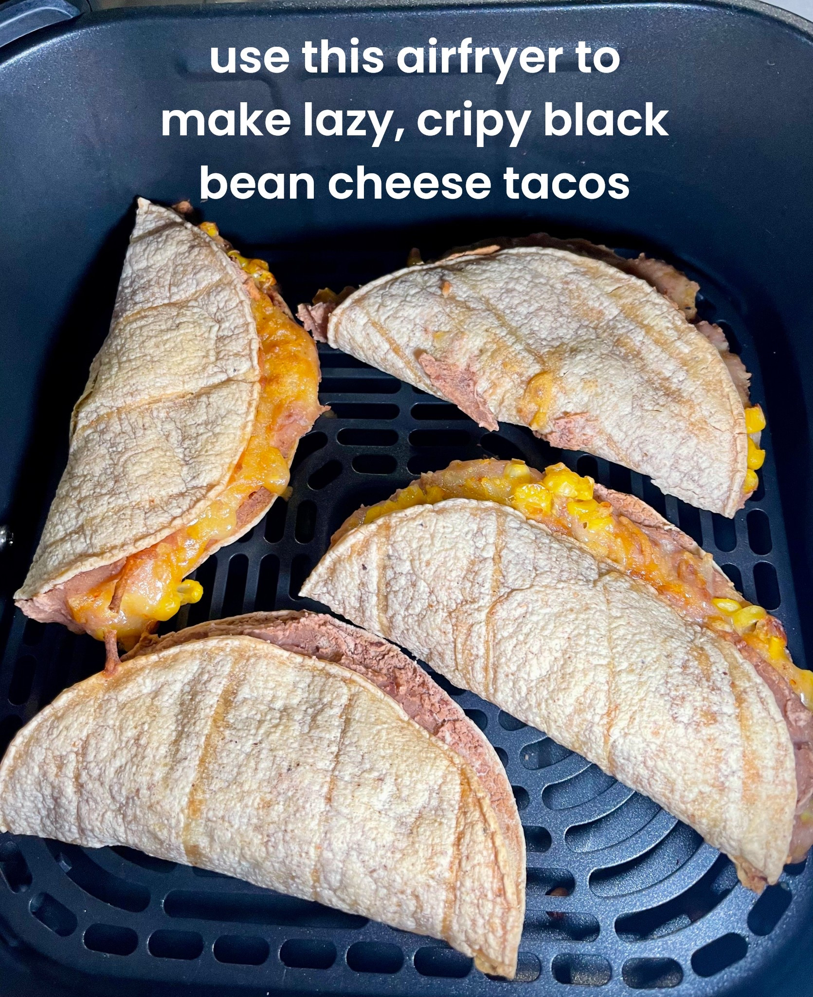 Simply add refried black beans and shredded cheese to tortillas and serve with hot sauce for a lazy delicious meal using the Cosori air fryer.  No frying oil needed so no mess and less fat.  The air fryer lets the tacos get extra crispy! 

#LTKFamily #LTKGiftGuide #LTKHome