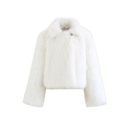Fluffy Faux Fur Collared Crop Coat in White | Chicwish