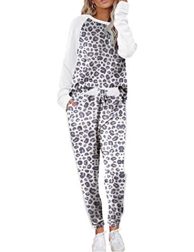 Ekouaer Women's Pajama Set Long Sleeve PJs 2 Piece Lounge Set Pullover Sleepwear Sweatshirt and Long Pants With Pockets White Leopard XL | Amazon (US)