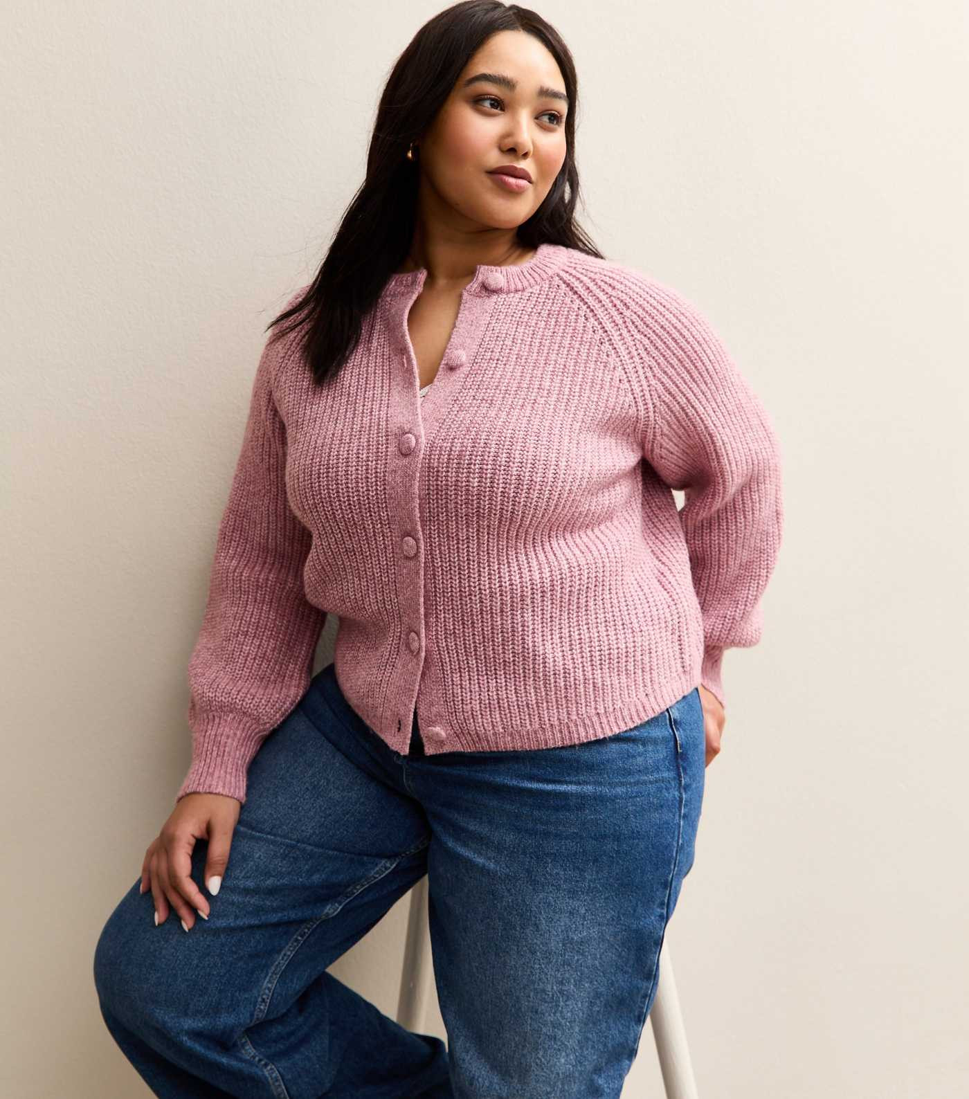 Curves Pink Ribbed Knit Raglan Sleeve Cardigan | New Look | New Look (UK)