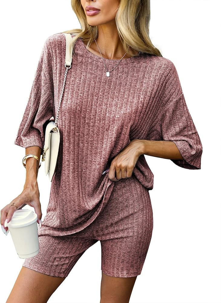 Ekouaer Pajamas 2 Piece Lounge Sets Ribbed Knit Matching Outfits T-shirt Biker Shorts Sleepwear S... | Amazon (US)