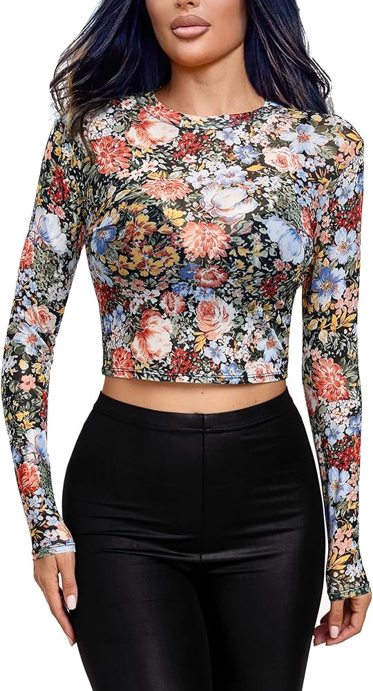 BemorRun Mesh Top Long Sleeve Crop Top Floral Sheer Tops Tops for Women See Through Sexy Going Ou... | Amazon (US)