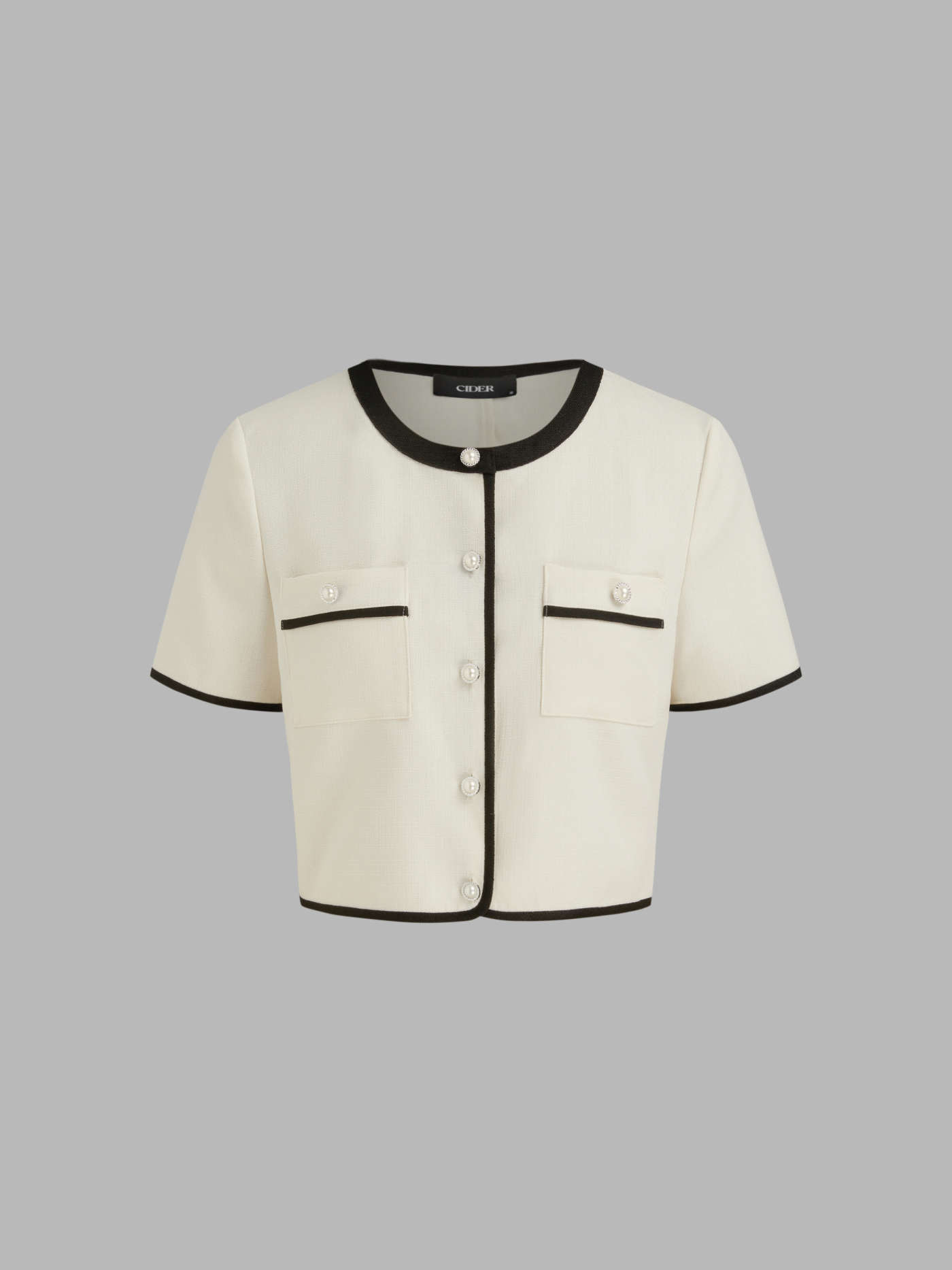 Woven Round Neckline Contrasting Binding Pearl Button Crop Short Sleeve Top | Cider