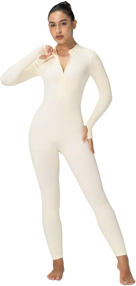 Sunzel Long Sleeve Jumpsuits for Women, Ribbed One Piece Casual Yoga Workout Zip Front Bodycon, L... | Amazon (US)