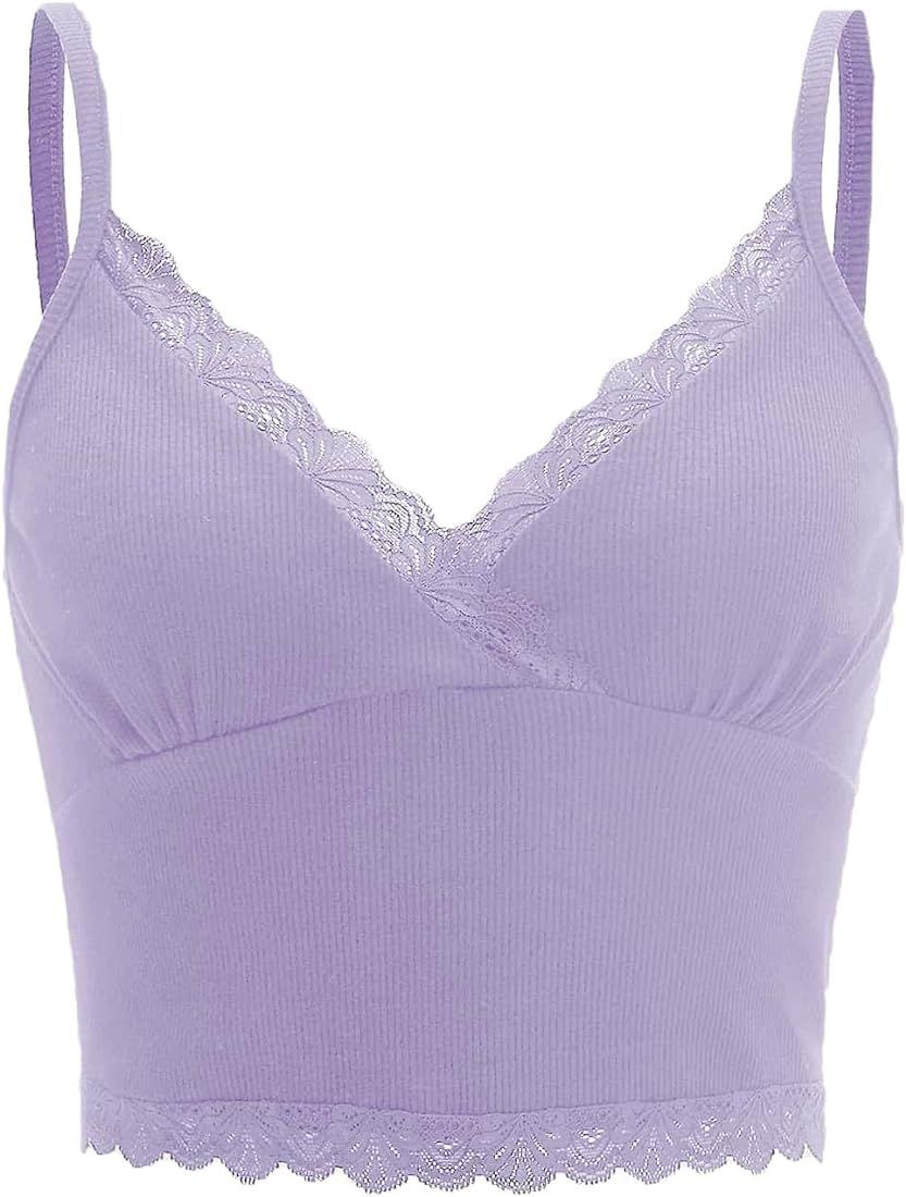 MakeMeChic Women's Y2K Lace Trim V Neck Sleeveless Cami Crop Top Camisole | Amazon (US)
