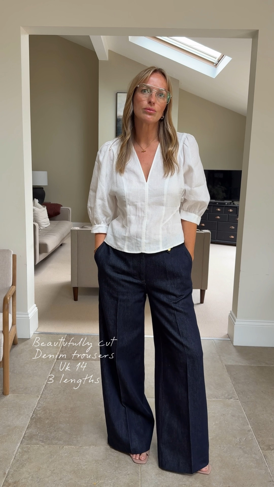 Beautiful tailored linen blouse uk14
And those very rare to find a-line denim trousers - flattering for most and 3 lengths available. 
Wearing a U.K. 14 long with 2 inch heels - I’d take the regular length with flats. I’m 5ft 7 

A great base for lots of layers . 
Ad 
Reiss 


#LTKworkwear #LTKjeans #LTKspring