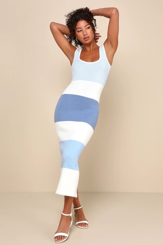 Easily Gorgeous Ivory and Light Blue Striped Midi Sweater Dress | Lulus