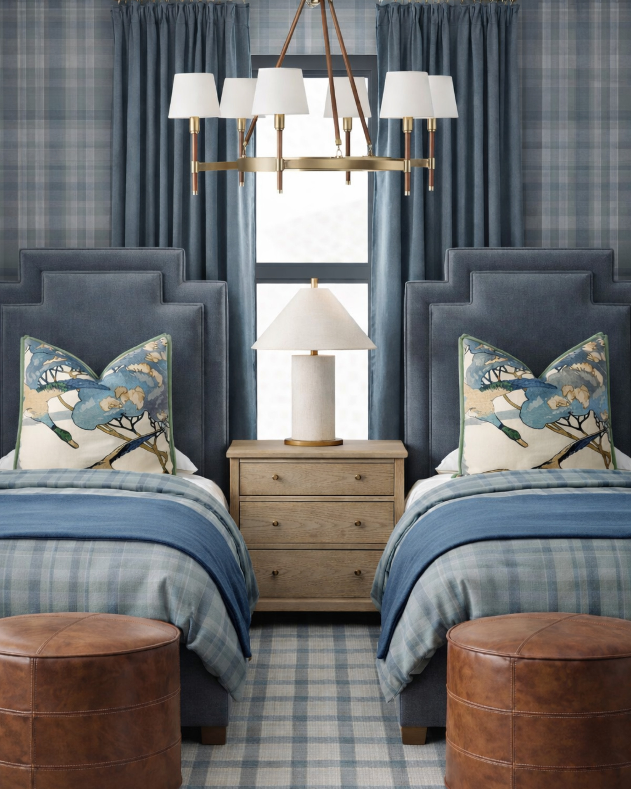 This twin bedroom is what happens when classic meets fresh and actually works 💙

The layered blues, tailored upholstery, and warm leather accents give it that elevated, designer feel—without overcomplicating anything. It’s polished, but still cozy. Structured, but still inviting.

The secret is in the mix:
– plaid on plaid (but keeping the palette tight)
– structured headboards + soft textiles
– brass lighting + warm wood + leather for contrast

And that blue at the foot of the bed? That’s the kind of detail that pulls everything together and makes the whole room feel intentional.

If you’ve been trying to make a shared bedroom feel elevated, THIS is the formula ✨ 

 #LTKHome