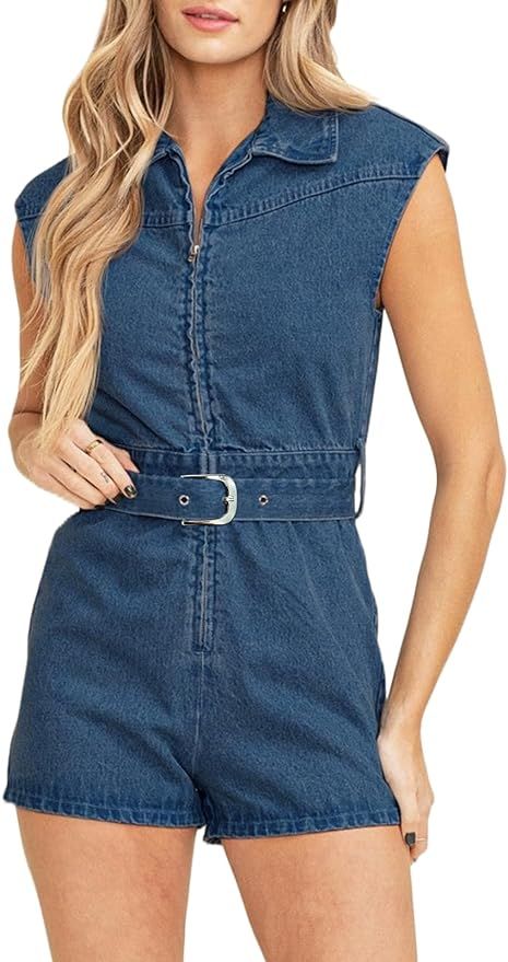 Cicy Bell Womens Summer Denim Rompers Cap Sleeve Zip Up Belted Short Jeans Jumpsuits | Amazon (US)