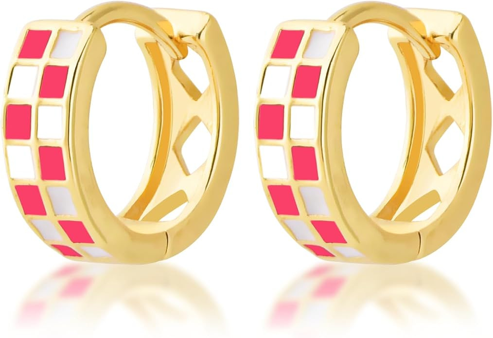 Small Checkered Hoop Earrings, Multicolor Enamel Hoops Earrings for Women, Tiny Round Circle Hugg... | Amazon (US)