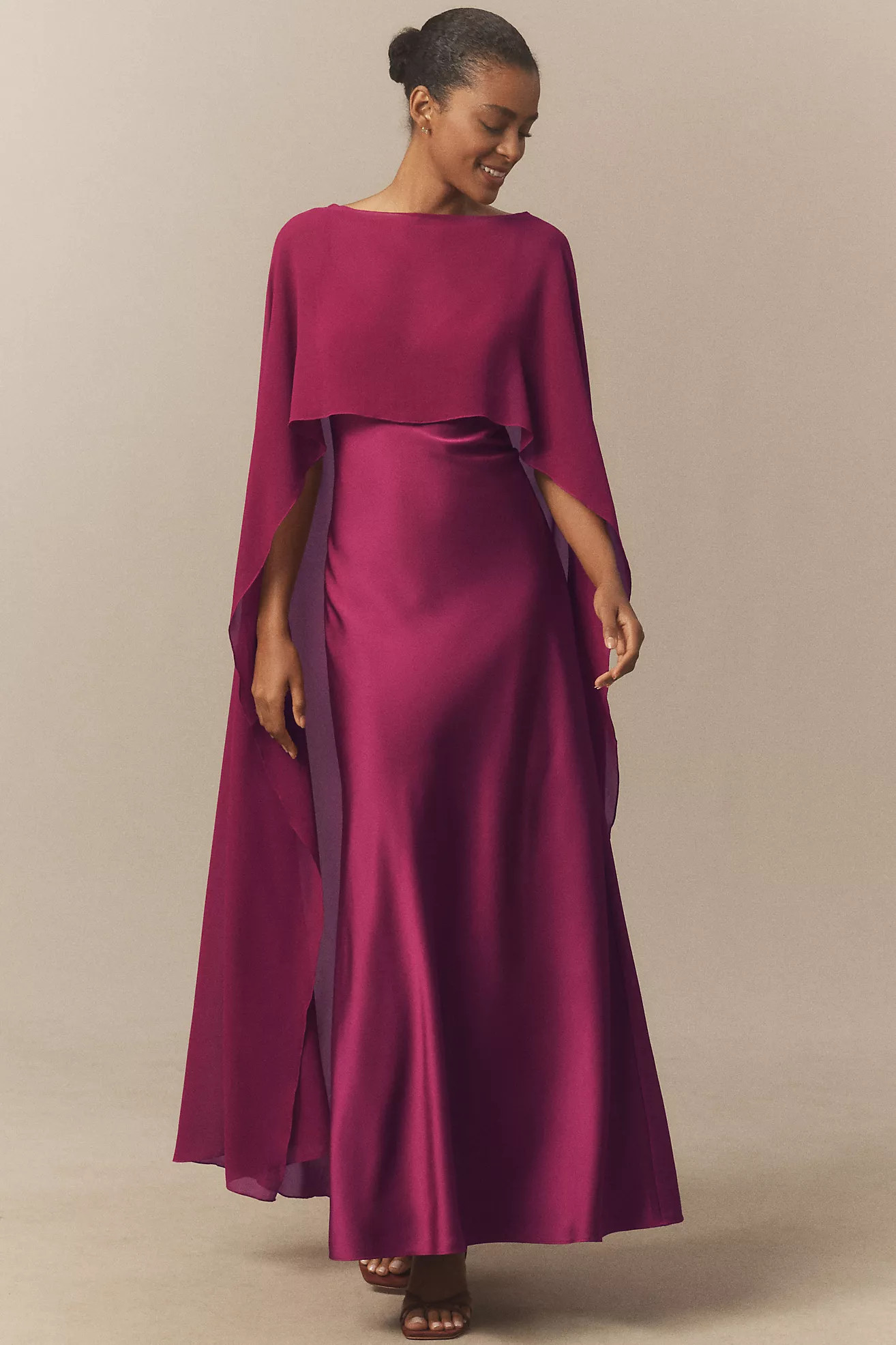 BHLDN Jenny V-Neck Cape Satin Maxi Dress | Anthropologie (US)