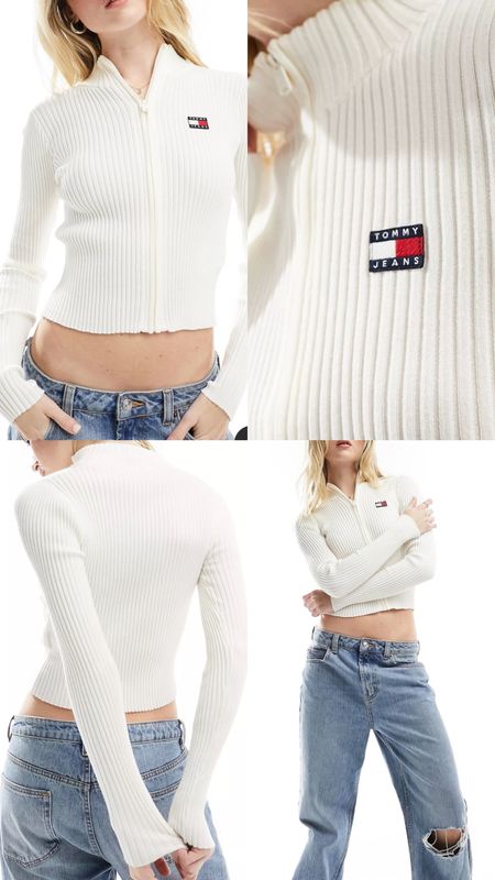 Tommy Jeans cardigan in white. Embroidered front logo. On sale! Under £55 at Asos. Affordable fashion.  Wardrobe staple. Timeless. Gift guide idea for her. Luxury, elegant, clean aesthetic, chic look, feminine fashion, trendy look, workwear, office. Tommy Hilfiger look. 

#LTKSeasonal #LTKsalealert #LTKfindsunder100