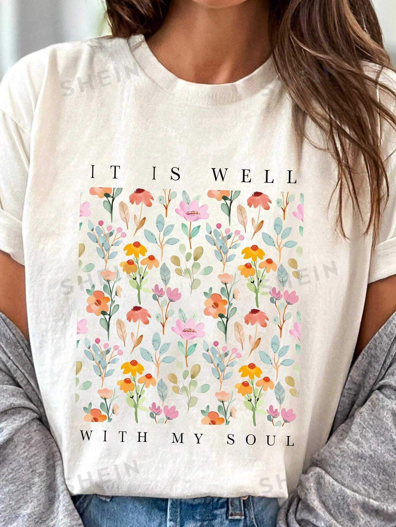 SHEIN LUNE Women's Summer Letter And Floral Print Round Neck Short Sleeve Casual T-Shirt | SHEIN