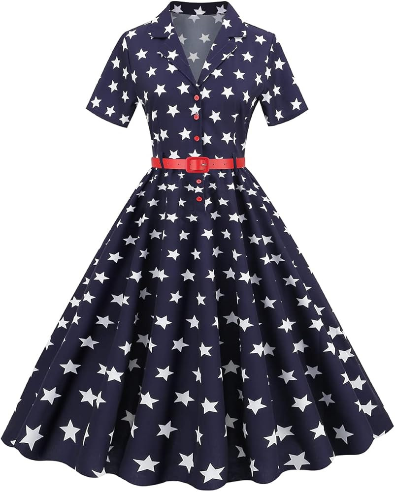 1950s Vintage Shirt Dress Short Sleeve Audrey Hepburn Style Vintage Cocktail Swing Dresses | Amazon (US)