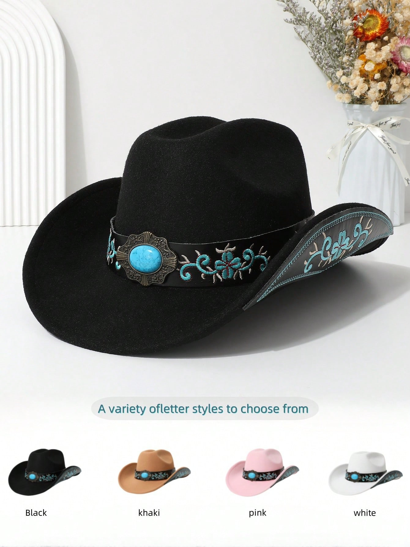 1pc Embroidered Jewel Color Western Cowboy Hat For Women, With Turquoise-Studded Band, Unisex Bri... | SHEIN