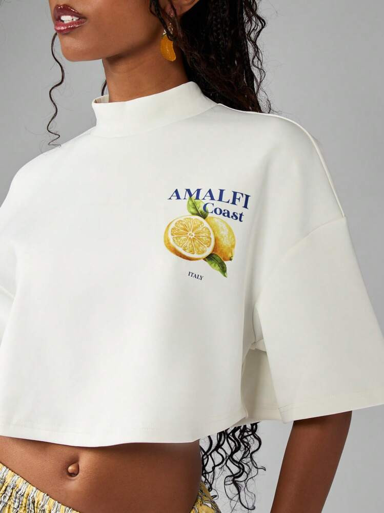 MISSGUIDED Amalfi Coast Italian Lemon Print Mock Neck Crop | SHEIN