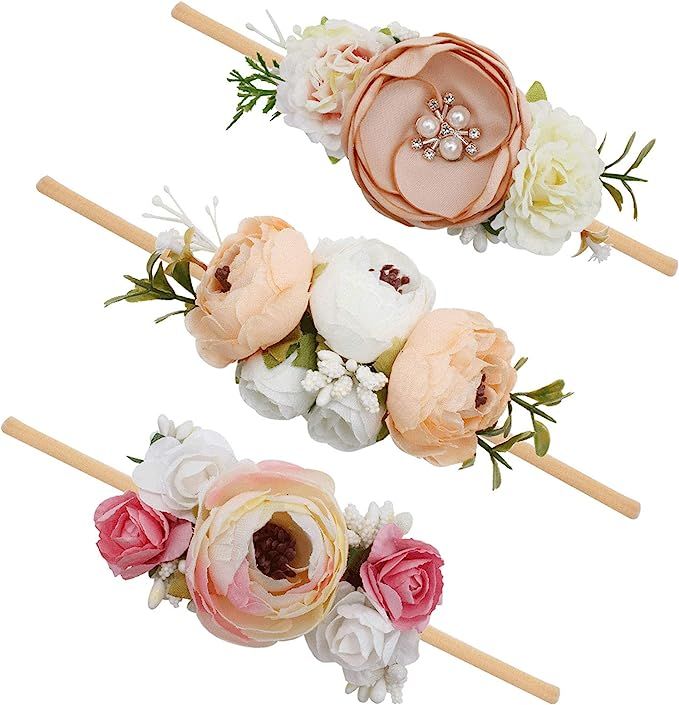 Baby Girl Floral Headbands Set - 3pcs Flower Crown Newborn Toddler Hair Accessories by mligril | Amazon (US)