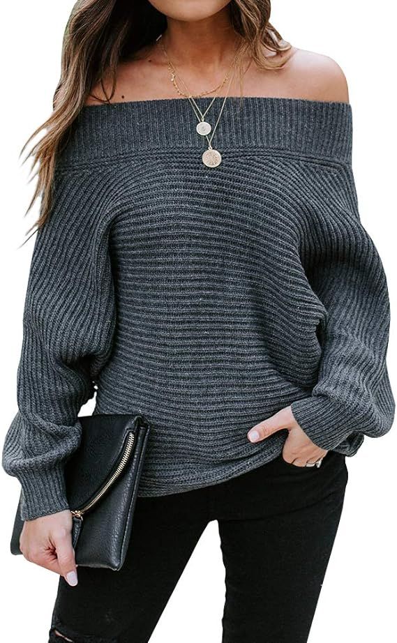 Foshow Womens Off Shoulder Batwing Sleeve Pullover Oversized Ribbed Knit Sweaters Casual Sexy Slo... | Amazon (US)