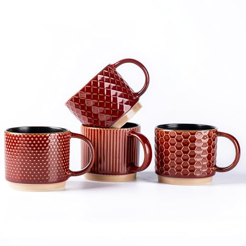 GBHOME 6 OZ Stackable Coffee Mugs, Ceramic Coffee Mugs with Texture Patterns for Man,Woman,Dad,Mom, Modern Coffee Cups Set of 4 for Espresso/Cappuccino/Cocoa. Dishwasher&Microwave Safe,Red | Amazon (US)