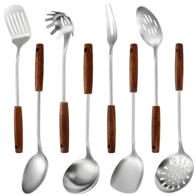 8-Piece Stainless Steel Kitchen Utensil Set With Wooden Handle - Professional 304 Grade, Heat Resistant, Dishwasher Safe Cooking Tools For Everyday Us | Wayfair North America