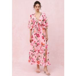 Pink Blossom Tie-Front V-Neck Maxi Dress | Chicwish
