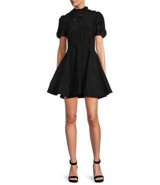 Iris Linen Floral Applique Mock Neck A-Line Mini Dress | Dillard's