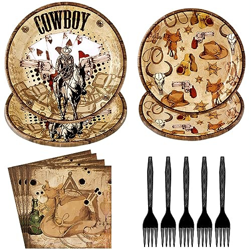 96Pcs Western Party Supplies Disposable Western Plates Napkins Forks, Western Cowboy Party Decorations for Western Cowboy Theme Party, Birthday Party, Serves 24 | Amazon (US)