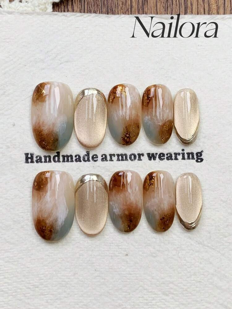 10pcs Handmade Nails Oval Nails Artificial Press On Nails Short Nails, Minimalism Light Beige Brown Ombre Smudge Gradient Nails, Ablaze Glitter Powder Handpainted Metallic Asymmetrical Lines, Flashy Cateye, Cute Simple Elegant Luxury Handcrafted Handmade Nails Autumn Nails, Modern Fall Nails, Versatile Nails DIY False Nail Art Party Daily & Dating Use Beach Tropical Getaway Suitable Reusable, For Women & Girls As Gift Nail Supplies | SHEIN