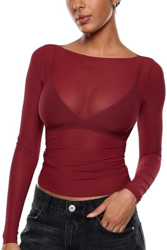 INLYRIC Women's Cosnufy Mesh Sheer Long Sleeve Tops See Through Boat Neck Going Out Tops Trendy S... | Amazon (US)