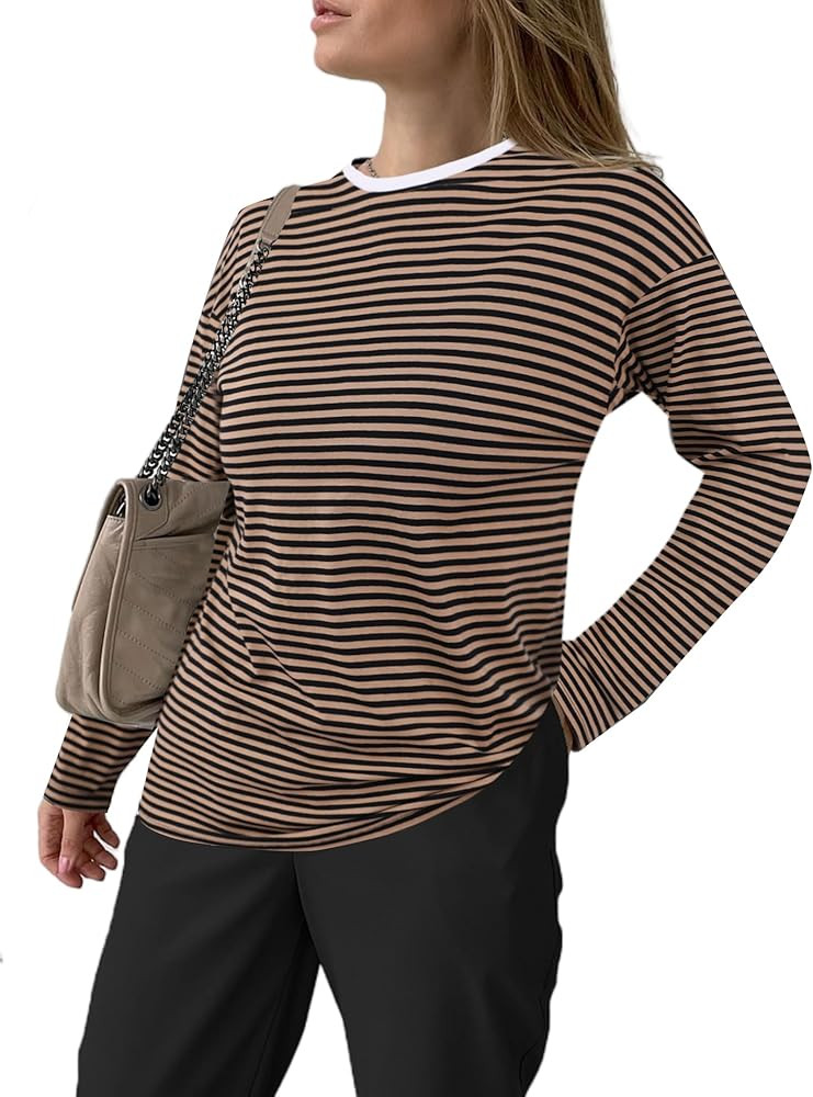 LilyCoco Women's Casual Striped Long Sleeve Shirts Crewneck Basic Loose Fit T Shirt | Amazon (US)