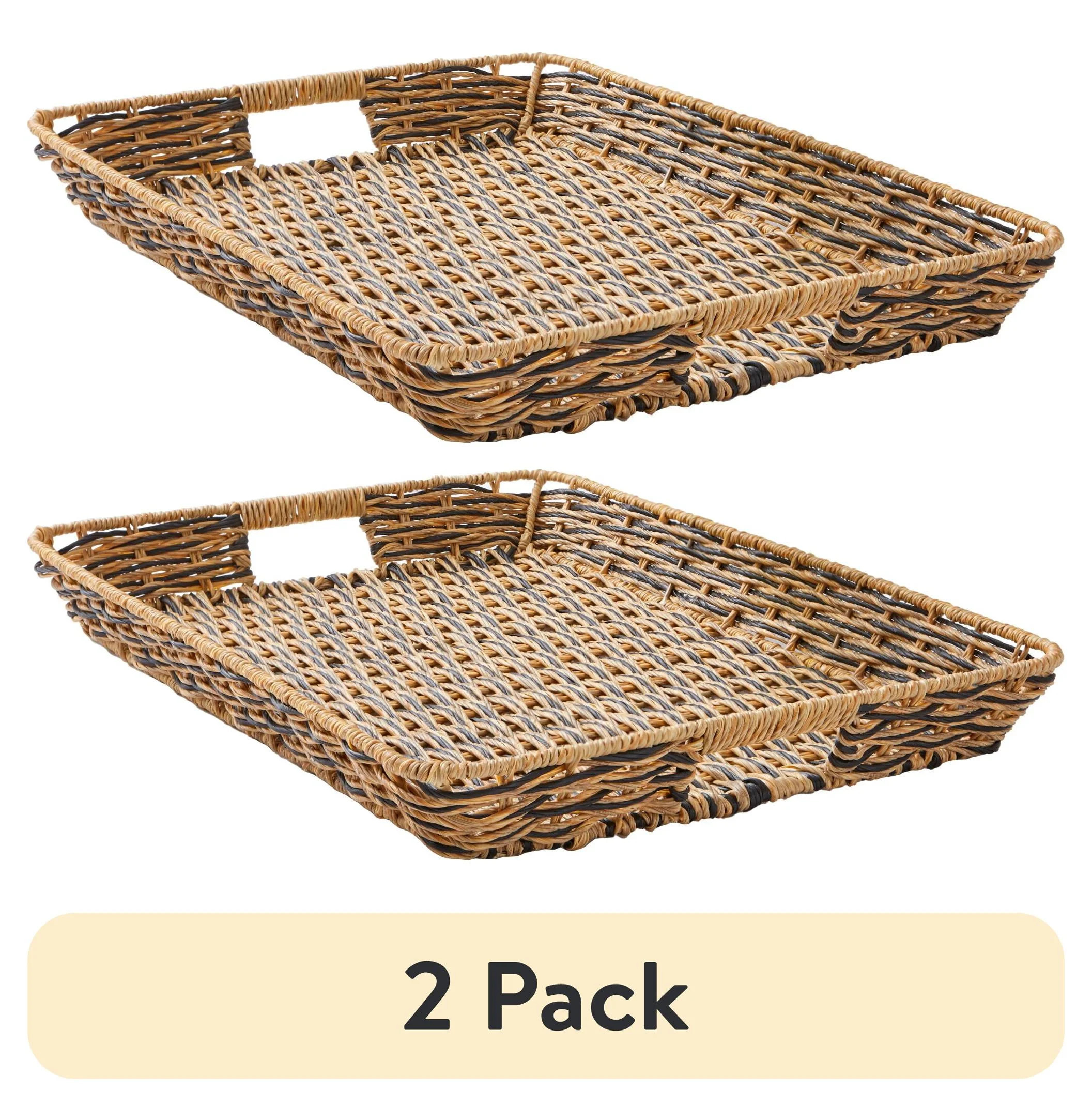 (2 pack) Better Homes & Gardens Beige and Black Resin Rattan Rectangular Serving Tray | Walmart (US)