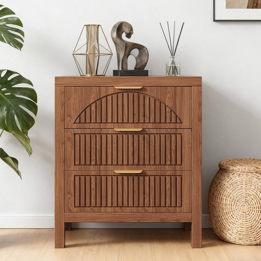3 Drawer Dresser for Bedroom, Fluted Modern Wood Chest of Drawers, Tall Dresser Chest of Drawers ... | Amazon (US)