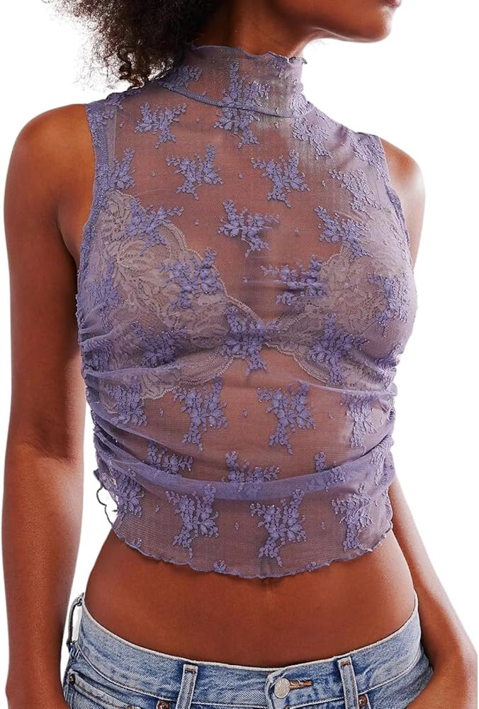 Naileksi Women Sleeveless See Through Lace Mesh Crop Top Mock Neck Ruched Side Slim Fit Floral Sh... | Amazon (US)