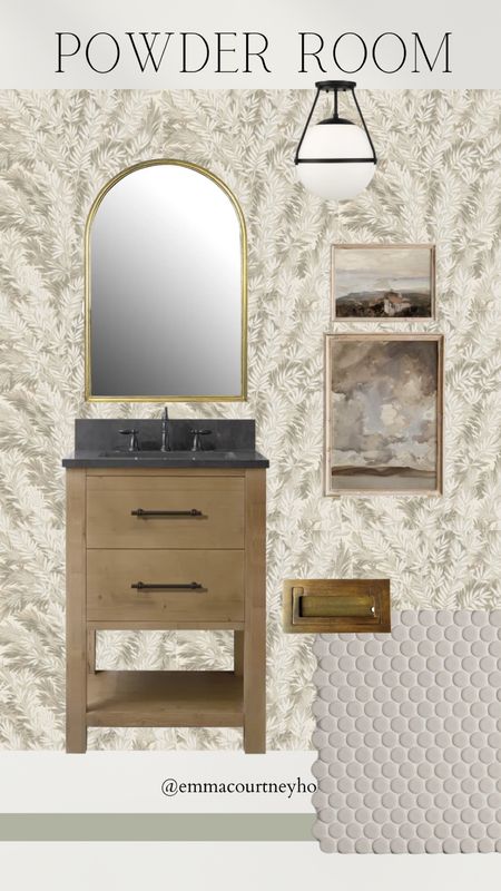 Powder room bathroom mood board. Vanity. Arch mirror. Penny tile. Wallpaper 

#LTKhome #LTKstyletip #LTKSeasonal