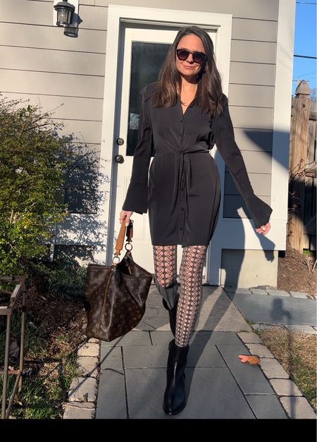 Girls night out outfit. Moms night out. Little black dress. Patterned tights, fishnet tights. Black booties. Easy night out look for moms on the go.

#LTKstyletip #LTKshoecrush